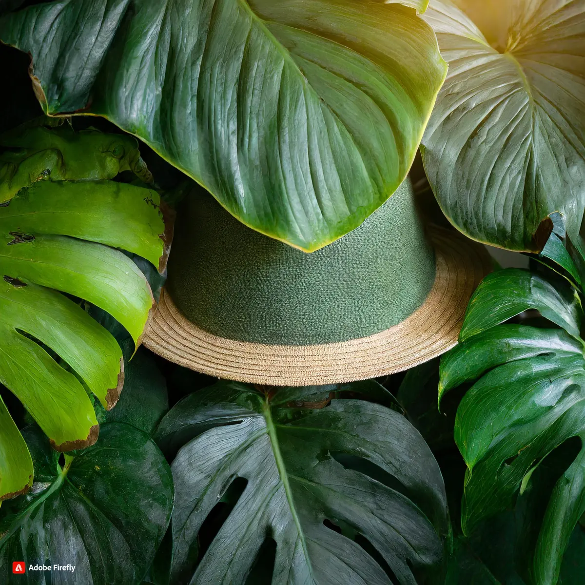 Chapeau d'explorateur caché dans de grandes feuilles vertes