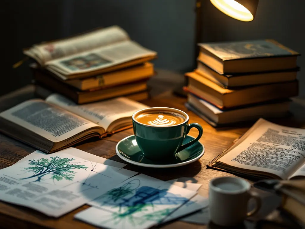 Livres et tasse de café sur un bureau, ambiance studieuse
