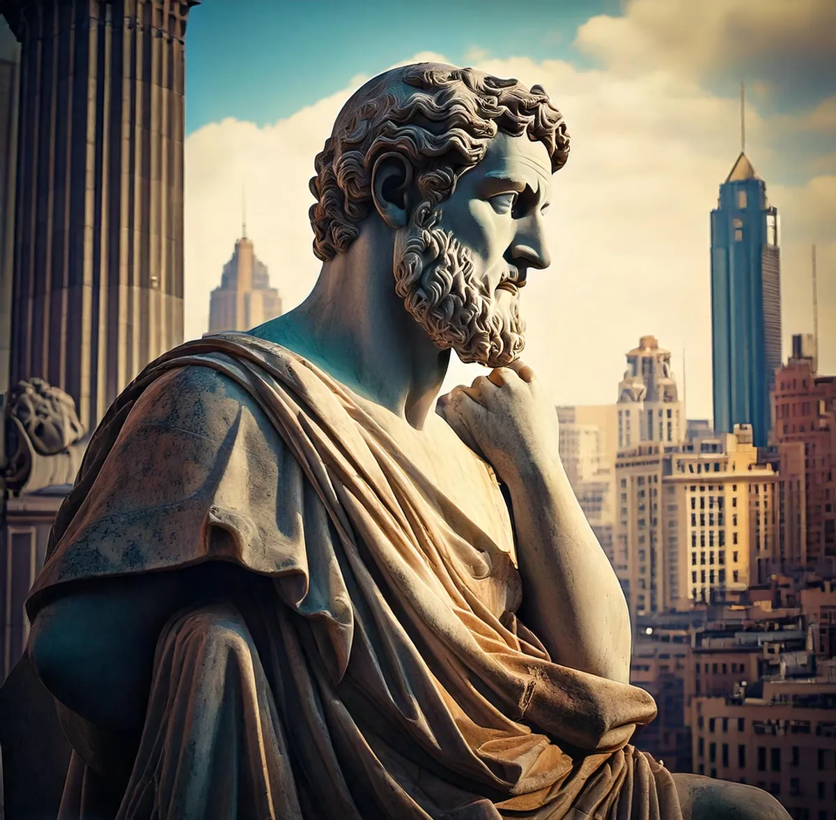 Statue d'un philosophe grec pensif devant les gratte-ciel de Wall Street