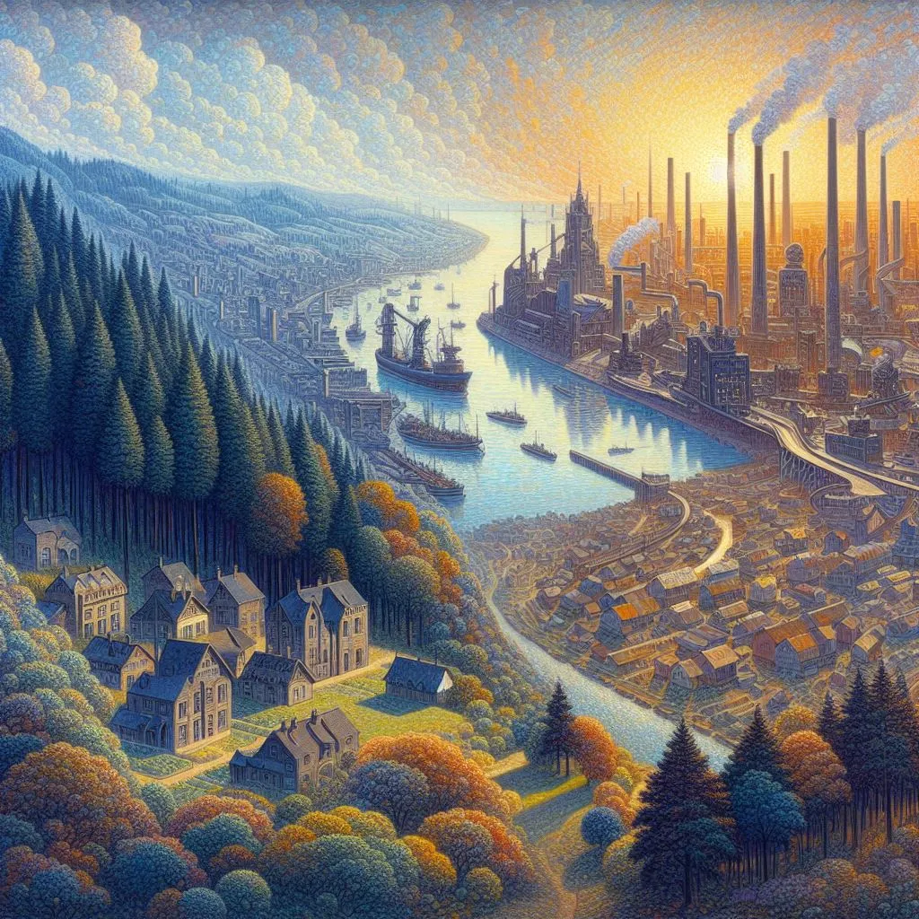 Peinture pointilliste : une forêt d'un côté, une ville industrielle de l'autre